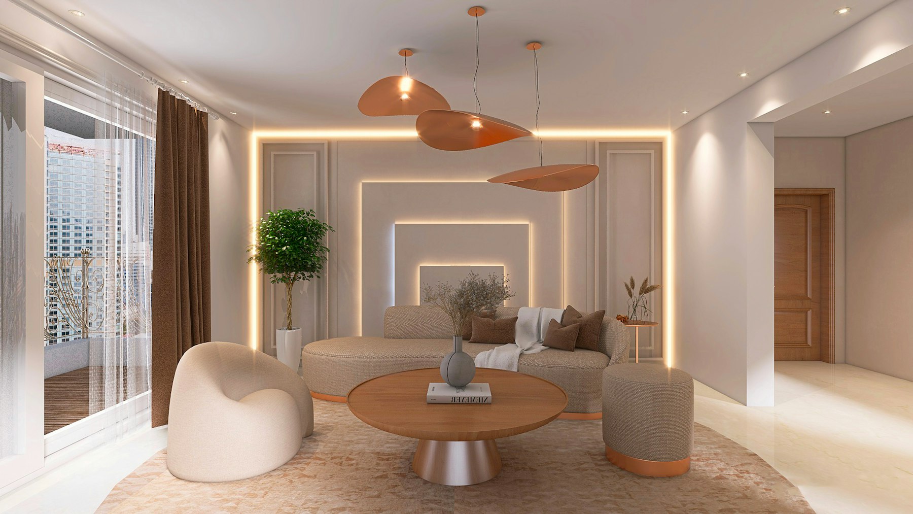 Sunlit modern interior with architectural LED track lighting